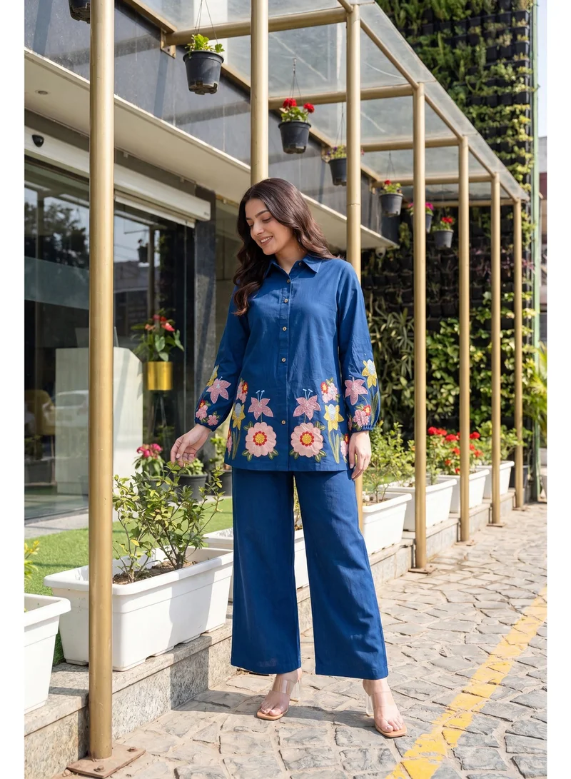 Priya’s Panache Premium Royal Blue Cotton Co-Ord Set for Women with Multicolour Floral Embroidery & Moti Patchwork | Full Sleeve Collared Shirt & Straight Fit Pants | Indian Ethnic Wear | Kurti Set | Smart Casual & Brunch Wear