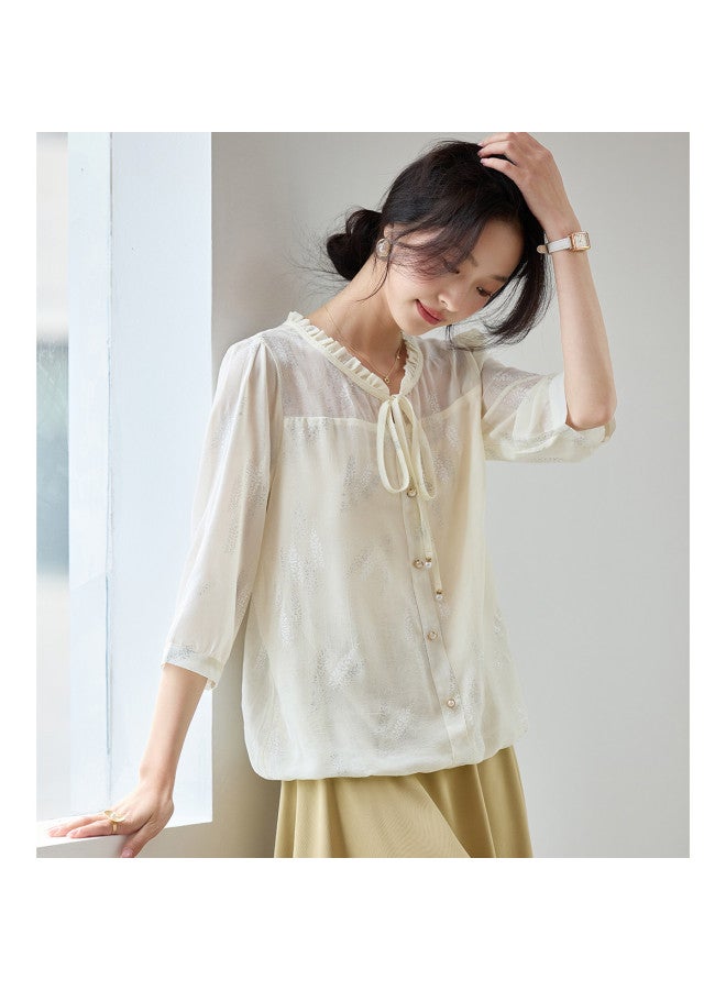 Tucano Summer Lace Collar Tie-Detail Mid-Sleeve Blouse, Lightweight Breathable Chiffon Top For Women - Image 4