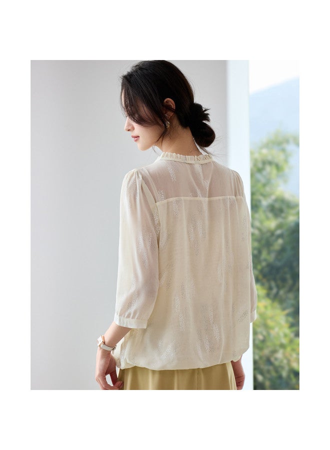 Tucano Summer Lace Collar Tie-Detail Mid-Sleeve Blouse, Lightweight Breathable Chiffon Top For Women - Image 5