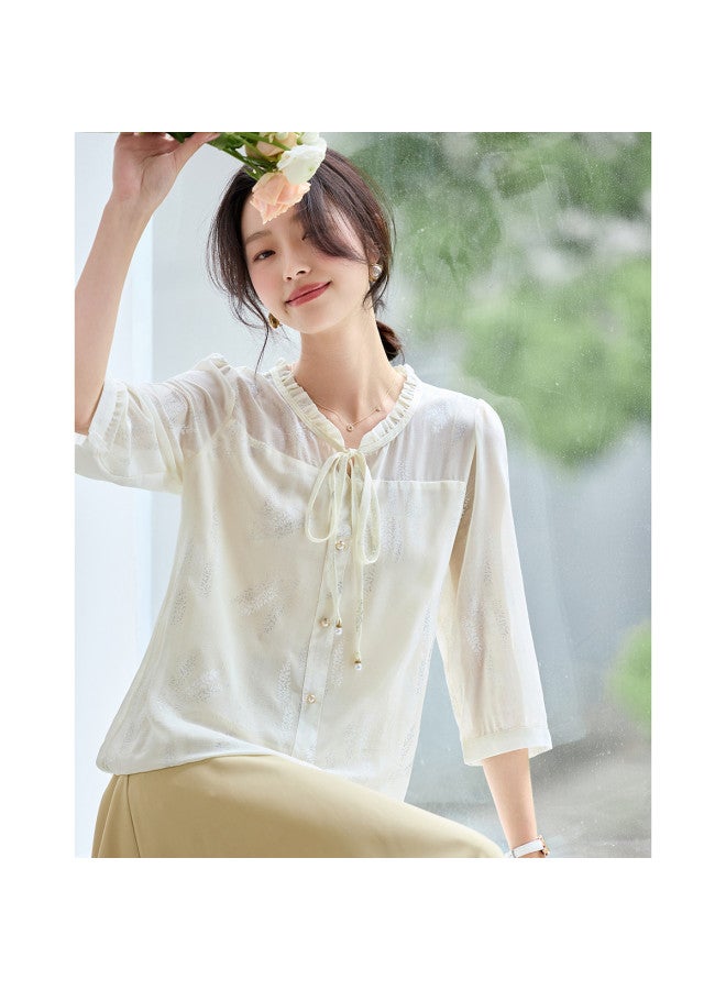Tucano Summer Lace Collar Tie-Detail Mid-Sleeve Blouse, Lightweight Breathable Chiffon Top For Women - Image 3