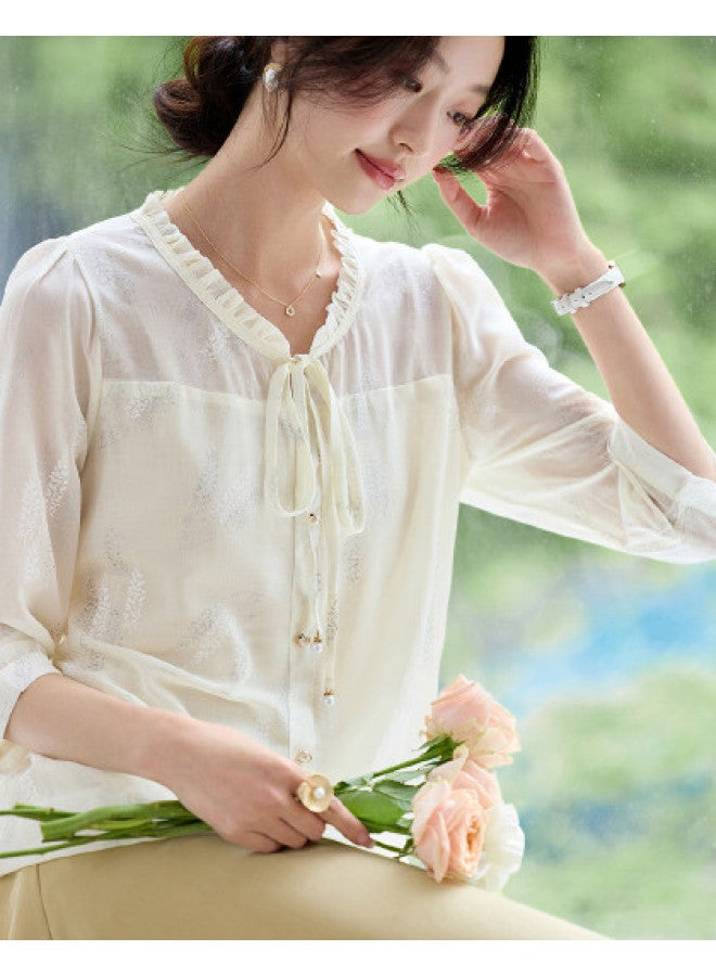 Tucano Summer Lace Collar Tie-Detail Mid-Sleeve Blouse, Lightweight Breathable Chiffon Top For Women - Image 1