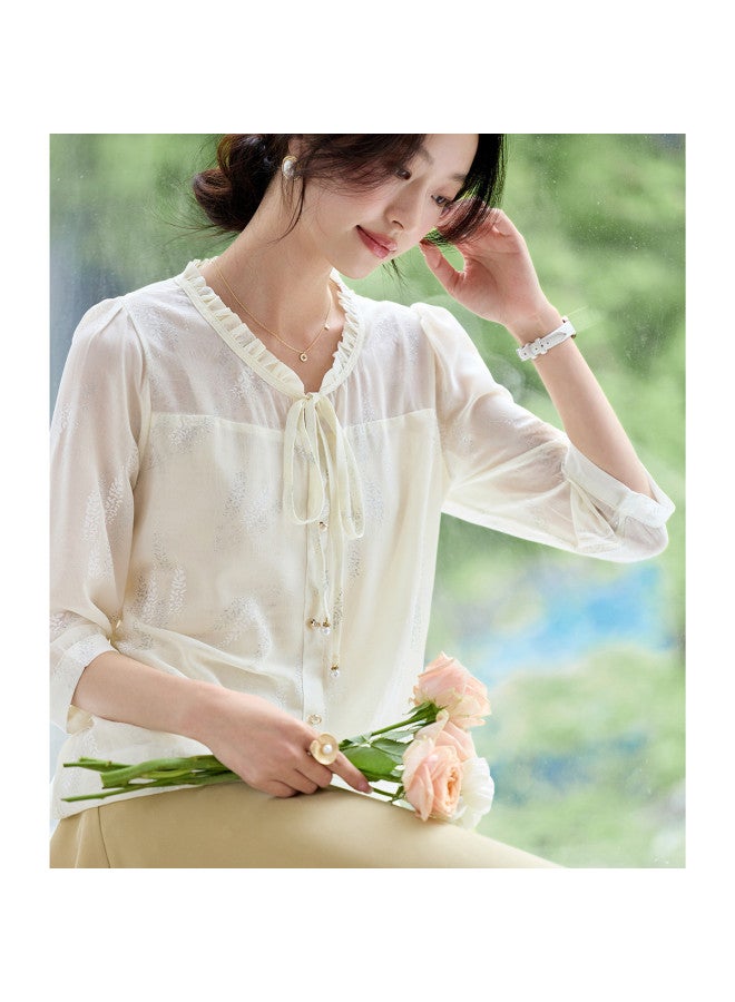 Tucano Summer Lace Collar Tie-Detail Mid-Sleeve Blouse, Lightweight Breathable Chiffon Top For Women - Image 2