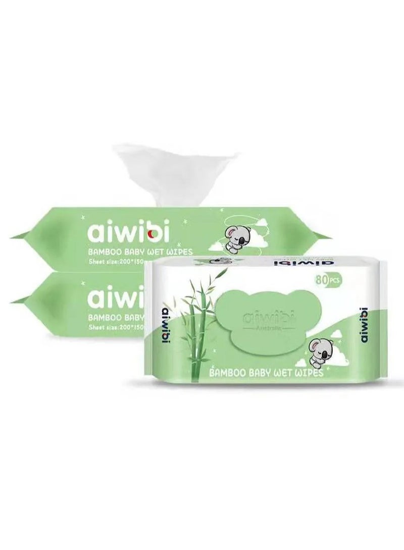 Aiwibi 100% Skin-Friendly Baby Wet Wipes, Bamboo Fragrance, Hypoallergenic, Skin Friendly, 0 Months+, Pack of 3 - 240 Pieces