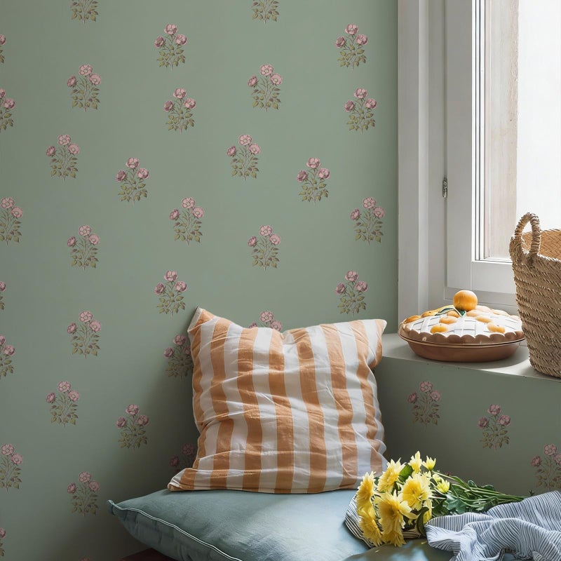 LUKUUI Vintage Floral Wallpaper Peel and Stick Boho Wallpaper Removable Waterproof Green Rose Pattern Contact Paper for Bedroom, Bathroom, Home Wall, 17.3" x 78.7" - Image 4