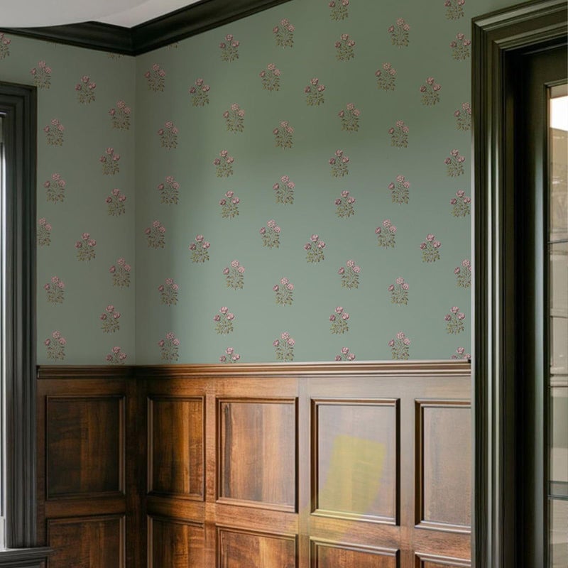 LUKUUI Vintage Floral Wallpaper Peel and Stick Boho Wallpaper Removable Waterproof Green Rose Pattern Contact Paper for Bedroom, Bathroom, Home Wall, 17.3" x 78.7" - Image 2