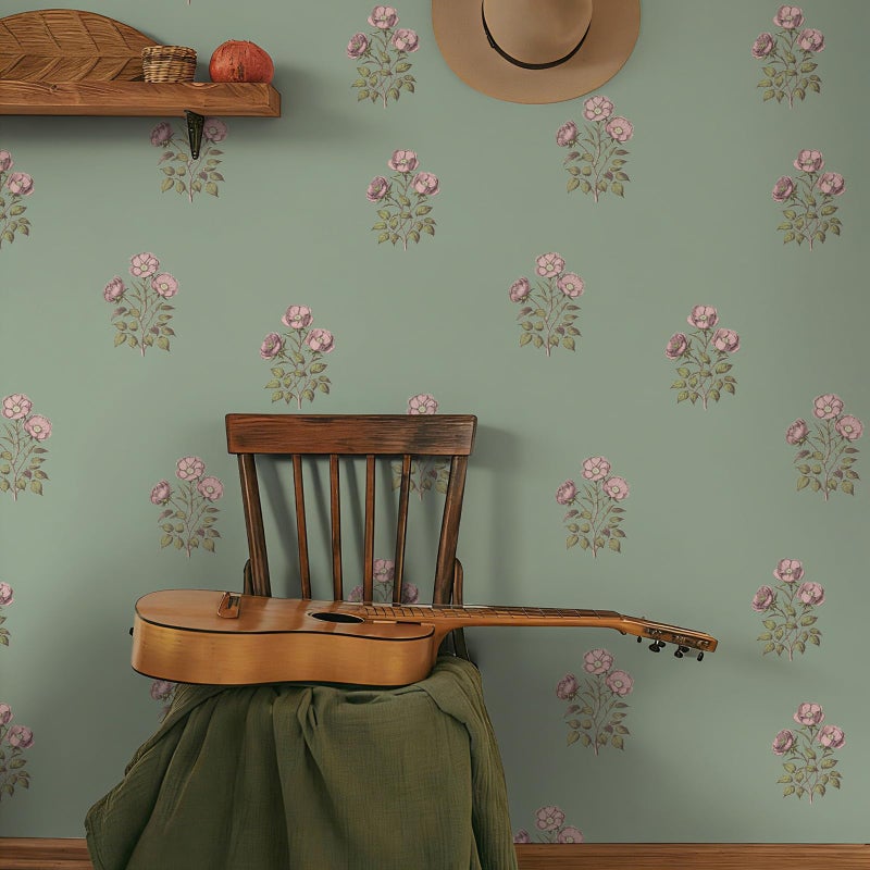 LUKUUI Vintage Floral Wallpaper Peel and Stick Boho Wallpaper Removable Waterproof Green Rose Pattern Contact Paper for Bedroom, Bathroom, Home Wall, 17.3" x 78.7" - Image 3