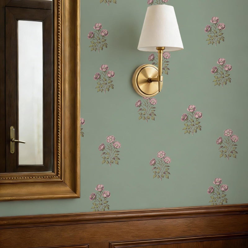 LUKUUI Vintage Floral Wallpaper Peel and Stick Boho Wallpaper Removable Waterproof Green Rose Pattern Contact Paper for Bedroom, Bathroom, Home Wall, 17.3" x 78.7" - Image 1