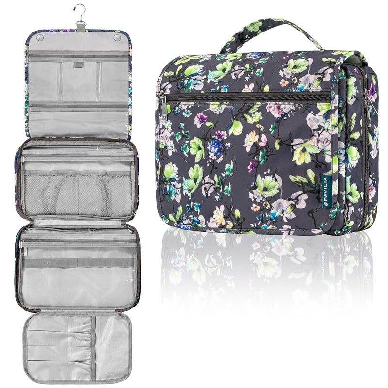 PAVILIA PAVILIA Hanging Toiletry Bag Women Men, Foldable Cosmetic Organizer Travel Bag, Water Resistant Makeup Bag Toiletries, Large Travel Essentials Kit (Grey Floral) 