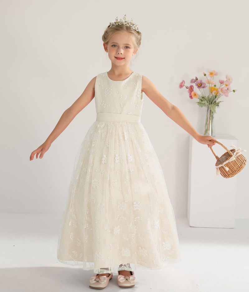 Uhnice Flower Girl Embroidered Dress Sleeveless Lace Ball Gown Formal Princess Dress for Wedding Birthday Party (Ivory, 4-5/110) - Image 2