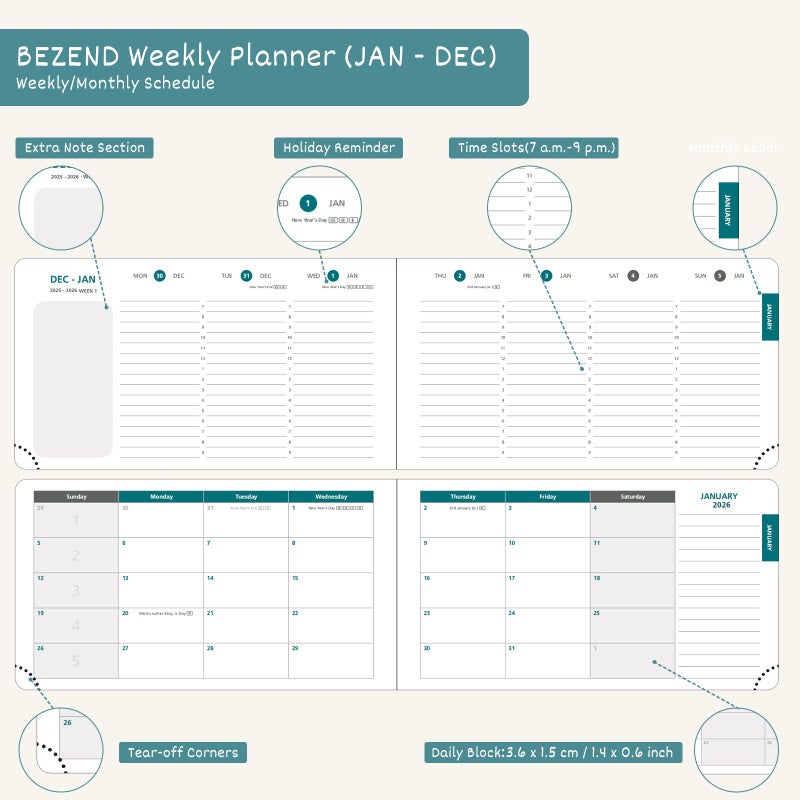 BEZEND Pocket Planner 2026 Weekly and Monthly (6" x 3.75") Small Calendar Book with Daily Vertical Timeslot (Jan-Dec), Equal Space Even Weekend, Work Home Women, PU Leather Hardcover - Black - Image 3
