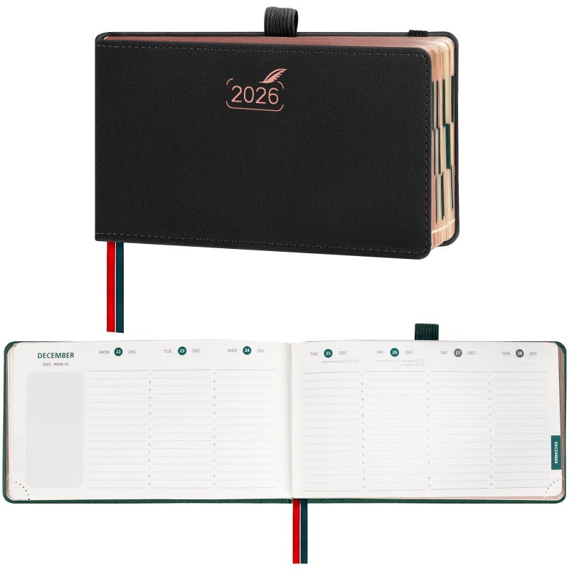 BEZEND Pocket Planner 2026 Weekly and Monthly (6" x 3.75") Small Calendar Book with Daily Vertical Timeslot (Jan-Dec), Equal Space Even Weekend, Work Home Women, PU Leather Hardcover - Black - Image 1