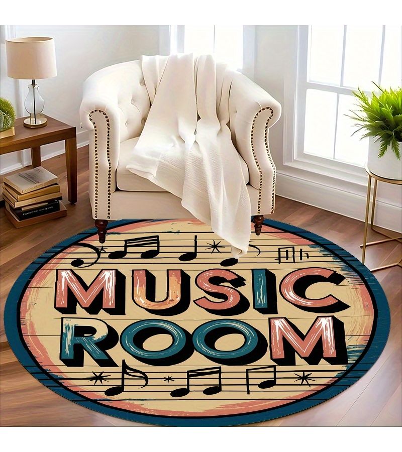 Retro Music Note Round Floor Mat 100x100cm Lightweight Non-Slip Machine Washable Home Decoration - Image 1
