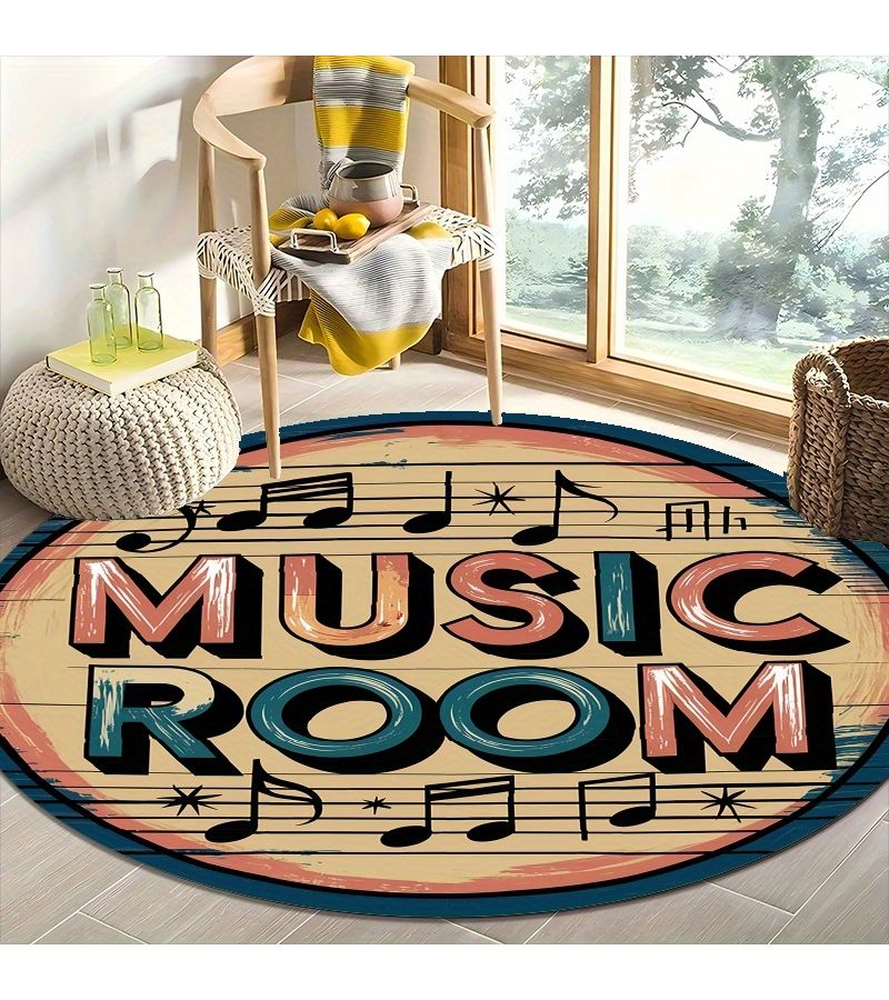 Retro Music Note Round Floor Mat 100x100cm Lightweight Non-Slip Machine Washable Home Decoration - Image 4