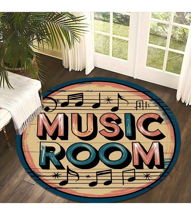 Retro Music Note Round Floor Mat 100x100cm Lightweight Non-Slip Machine Washable Home Decoration - Image 3