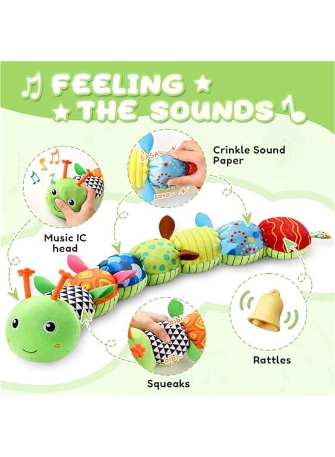 Baby Toys 0 to 12 Months, Musical Stuffed Animal Activity Soft Toys with Multi-Sensory Crinkle, Rattle and Textures, Infant Tummy Time Toys for Newborn Boys Girls, Caterpillar, Green - Image 3
