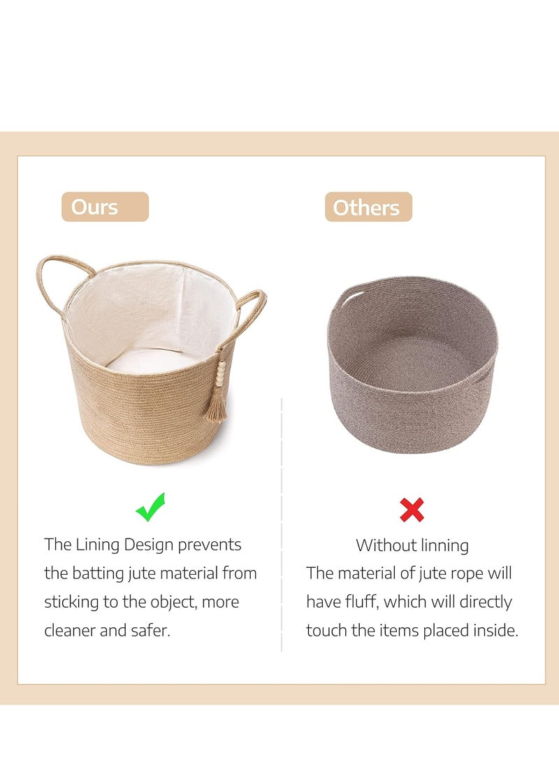 SYOSI Woven Storage Basket Decorative Rope Wooden Bead Decoration for Blankets,Toys, Clothes, Shoes, Plant Organizer Bin with Handles Living Room Home Decor, Jute, 16" W × 13.8"L - Image 4