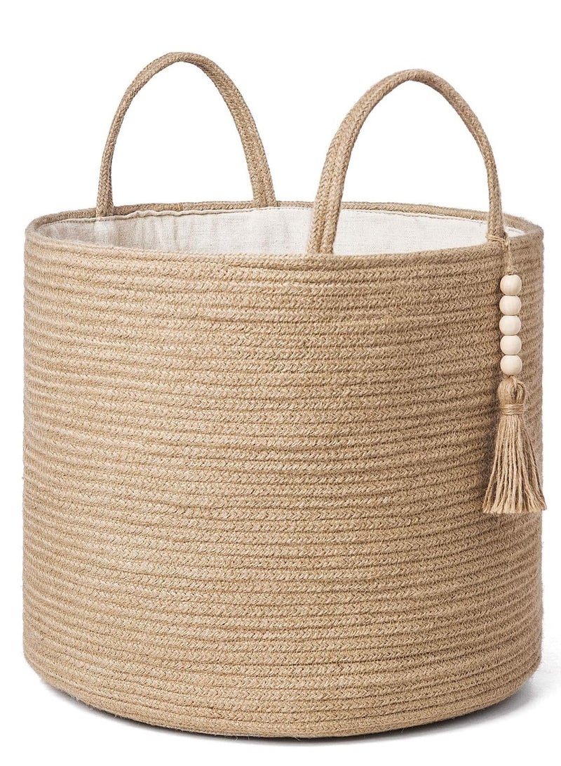 SYOSI Woven Storage Basket Decorative Rope Wooden Bead Decoration for Blankets,Toys, Clothes, Shoes, Plant Organizer Bin with Handles Living Room Home Decor, Jute, 16" W × 13.8"L - Image 1