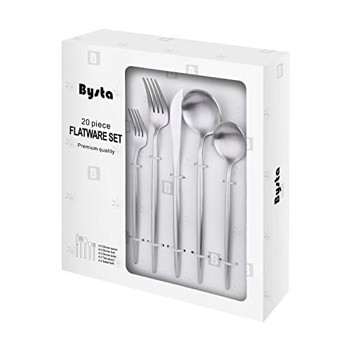 Bysta Matte Silverware Set, Bysta 20-Piece Stainless Steel Flatware Set Cutlery Set Service For 4, Satin Finish, Dishwasher Safe, Nice Gift Box - Image 1
