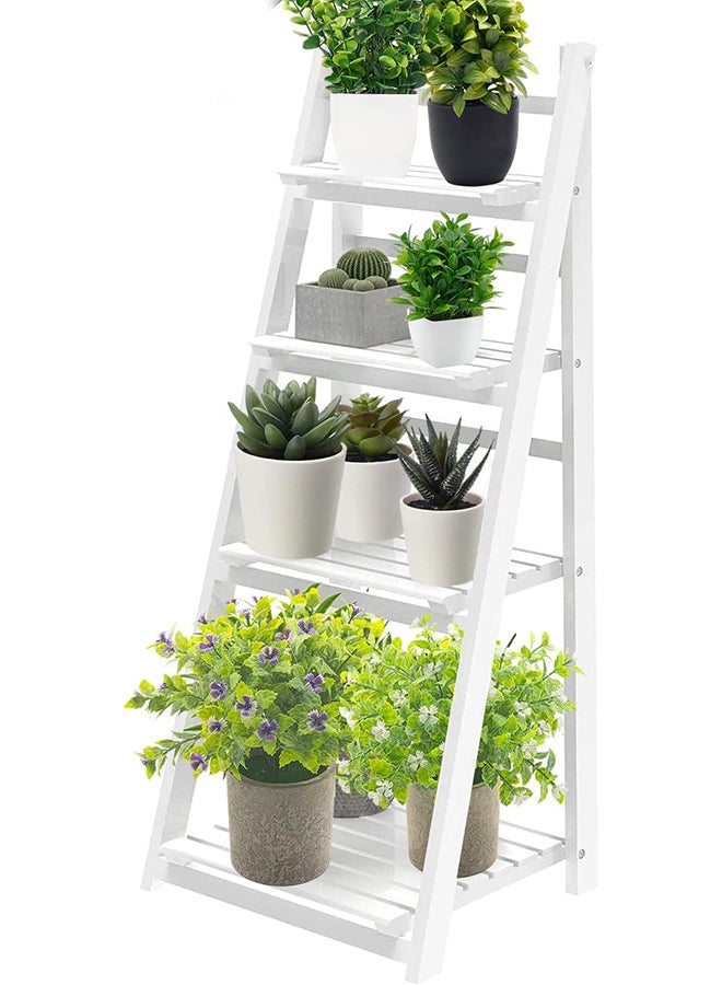 HOME TASTE Hometaste Handcrafted Solid Wood Multi-Tiered Plant And Book Display Stand - Versatile Storage And Decor Solution For Home And Garden - Foldable Ladder Design For Space Efficiency (White, 4 Floor Stand) 