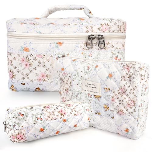 GISMTR 3Pcs Cotton Quilted Makeup Bag Large Travel Cosmetic Bag Coquette Makeup Pouch Cute Aesthetic Floral Toiletry Bag for Women Girls flowerU - Image 1