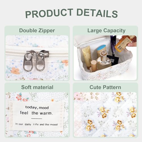 GISMTR 3Pcs Cotton Quilted Makeup Bag Large Travel Cosmetic Bag Coquette Makeup Pouch Cute Aesthetic Floral Toiletry Bag for Women Girls flowerU - Image 3