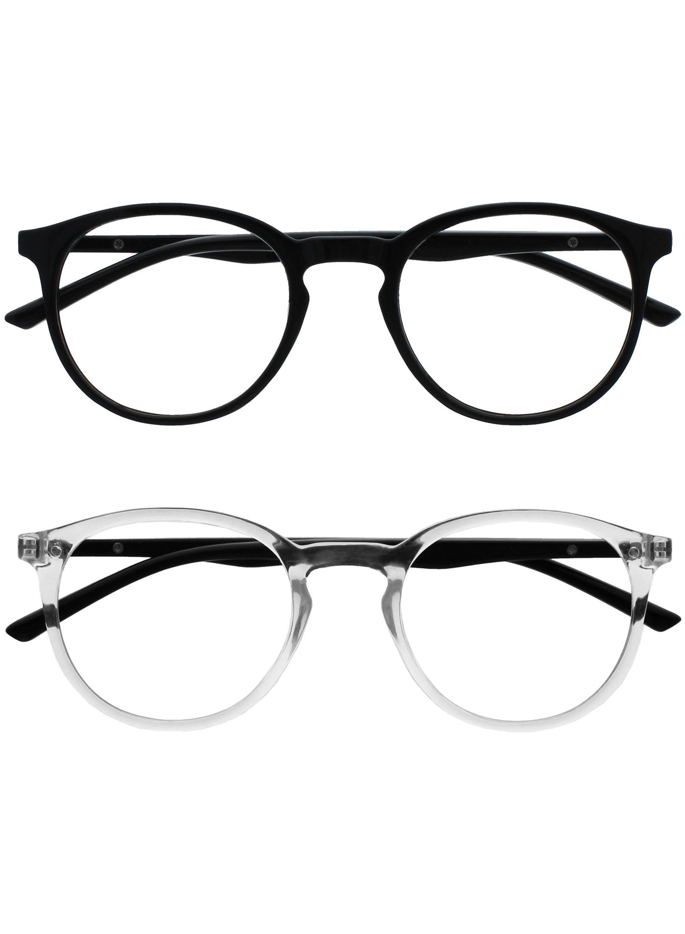 MET Blue Light Blocking Glasses for Women Men - Value 2 Pack - Slim Round Frame - Improve Sleep - Computer Gaming - Anti Glare - Spring Hinges - Black Clear 0.00