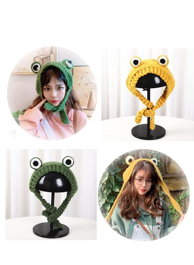 KASTWAVE مجموعة من 2 قبعة على شكل ضفدع لطيف، عصابة رأس كروشيه محبوكة في الهواء الطلق، قبعة على شكل عين ضفدع كبيرة، قبعة واقية للأذن، قبعات تنكرية للمهرجانات للفتيات - Image 1