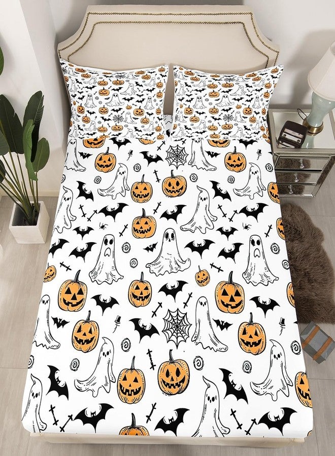 Feelyou Halloween Fitted Sheet Twin Size Ghosts Bedding Set for Boys Girls Teens Spiders Bed Sheet Set Pumpkin Bed Cover Room Decor White - Image 1