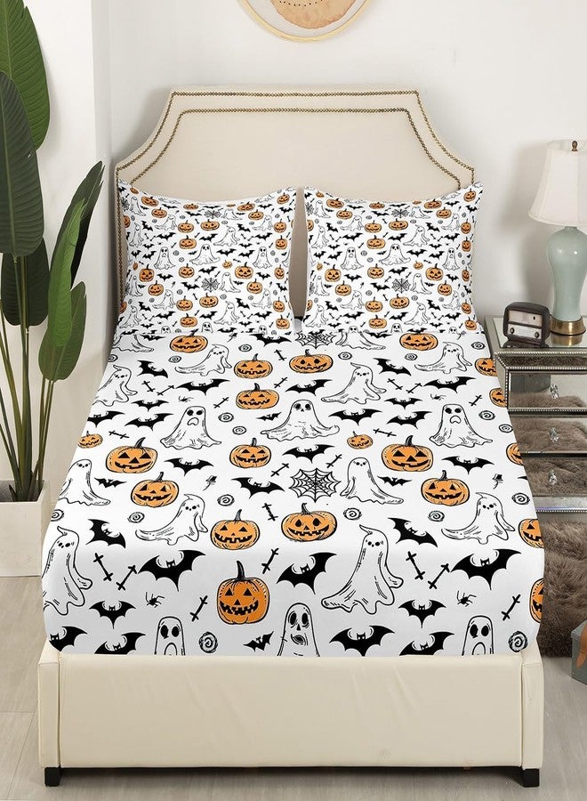 Feelyou Halloween Fitted Sheet Twin Size Ghosts Bedding Set for Boys Girls Teens Spiders Bed Sheet Set Pumpkin Bed Cover Room Decor White - Image 3