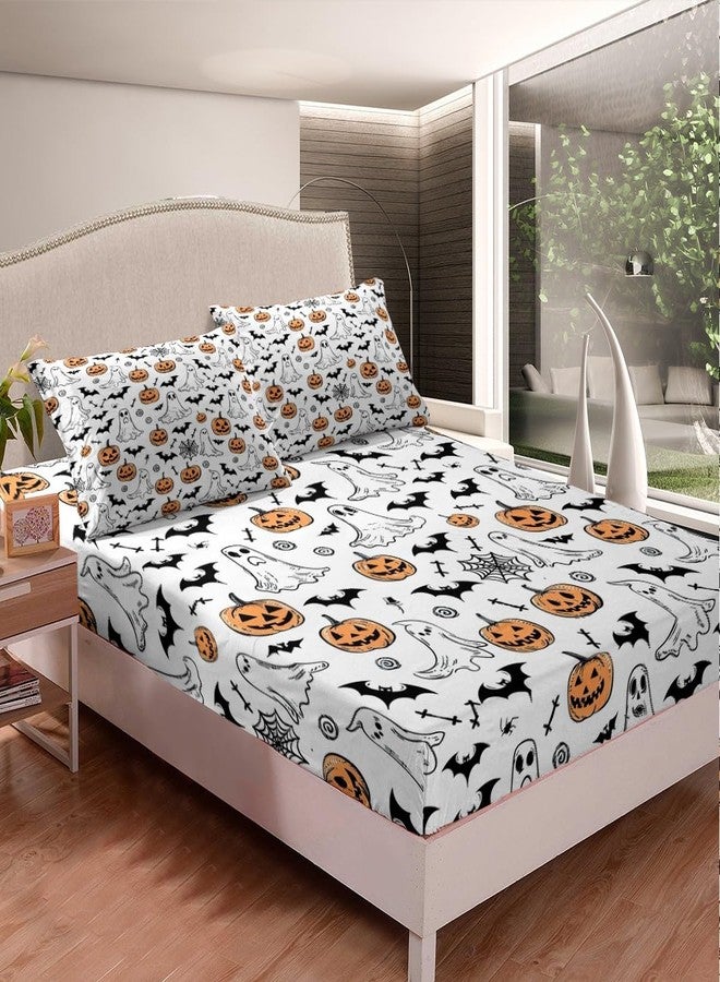 Feelyou Halloween Fitted Sheet Twin Size Ghosts Bedding Set for Boys Girls Teens Spiders Bed Sheet Set Pumpkin Bed Cover Room Decor White - Image 2