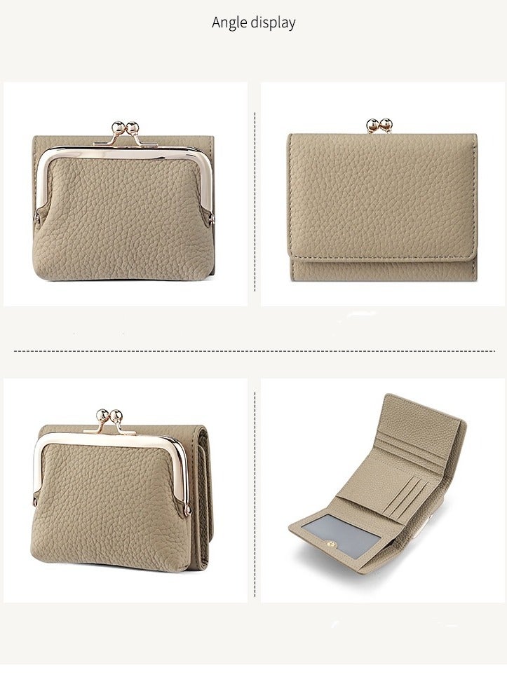 SKT Shiketro Genuine Leather Women's Wallet Japanese Style Three-Fold Coin Purse Top Layer Cowhide High-Grade Coin Purse  [Elephant Gray] - Image 2
