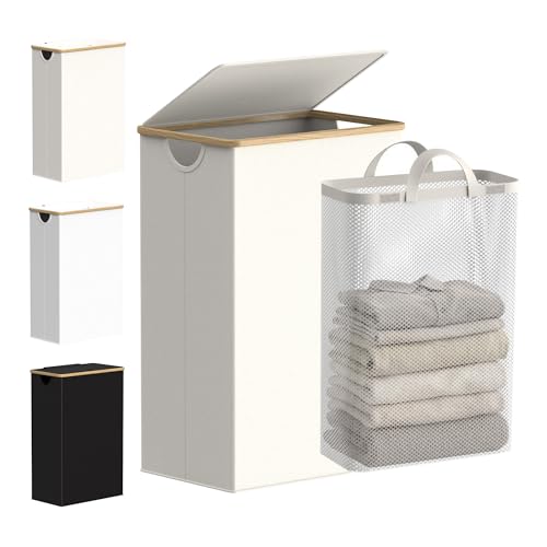 efluky Slim Laundry Basket with Lid Narrow Laundry Hamper with Removable Bag Skinny Dirty Clothes Basket with Bamboo Handles for Bathroom Bedroom Laundry Room 90L Beige - Image 1