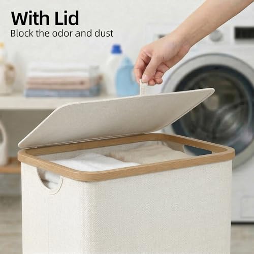 efluky Slim Laundry Basket with Lid Narrow Laundry Hamper with Removable Bag Skinny Dirty Clothes Basket with Bamboo Handles for Bathroom Bedroom Laundry Room 90L Beige - Image 3