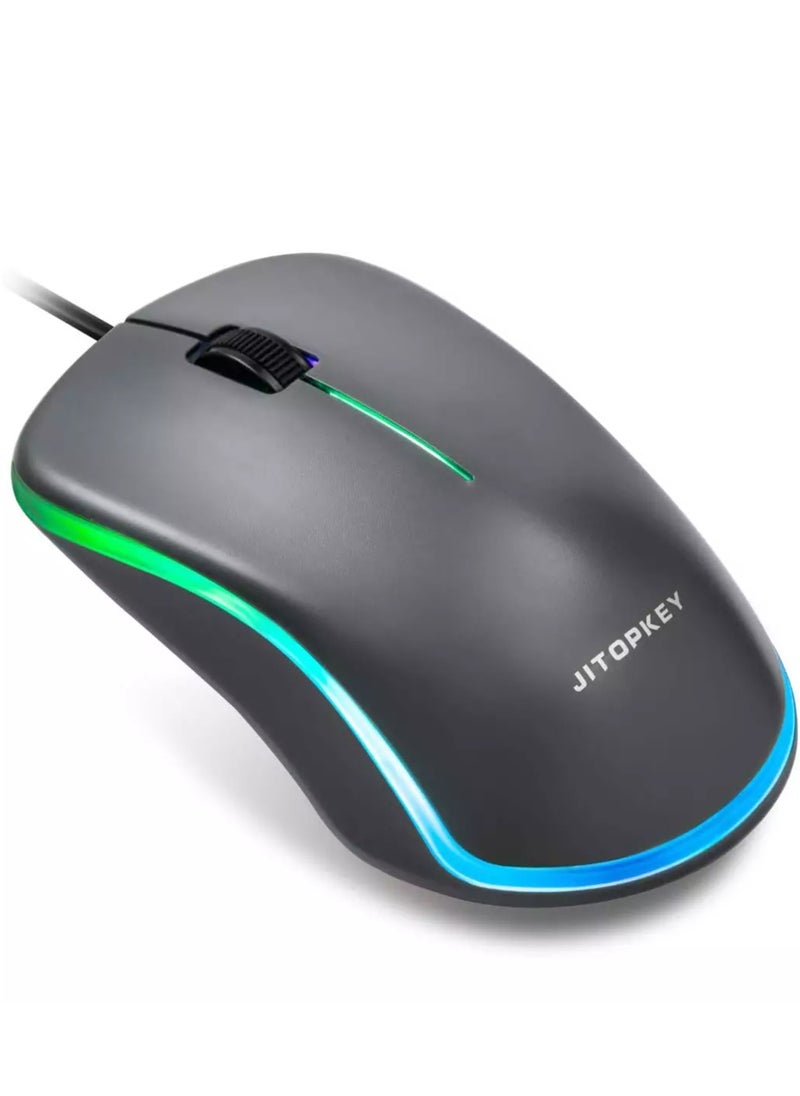JITOPKEY M120 USB Wired Mouse, Rainbow Lights Optical Corded Computer Mouse, Comfortable Click for Office and Home Mice, Compatible with Windows PC, Laptop, Desktop, MacBook, Chromebook (Grey)  - Image 1