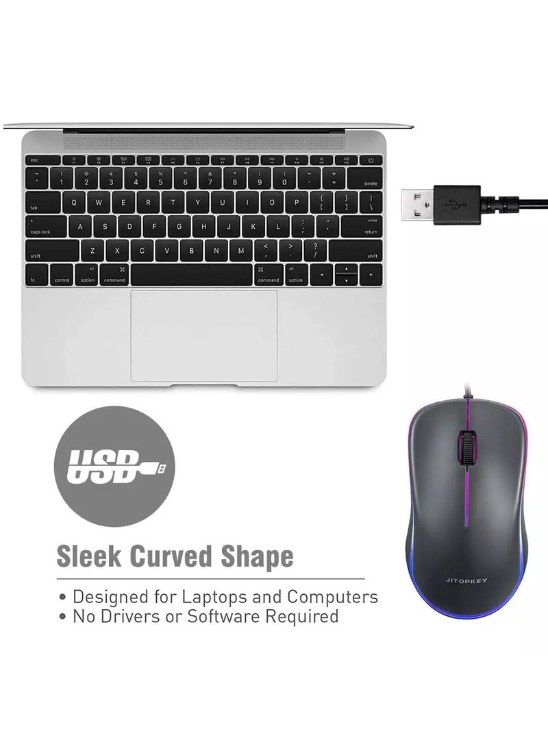 JITOPKEY M120 USB Wired Mouse, Rainbow Lights Optical Corded Computer Mouse, Comfortable Click for Office and Home Mice, Compatible with Windows PC, Laptop, Desktop, MacBook, Chromebook (Grey)  - Image 5