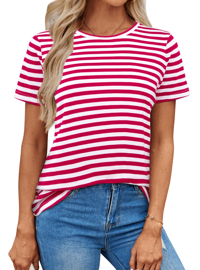 LilyCoco Women's Short Sleeve Striped Shirt Summer Crewneck T Shirts Basic Tops Red White Stripe Small - Image 1