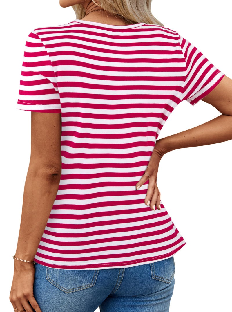 LilyCoco Women's Short Sleeve Striped Shirt Summer Crewneck T Shirts Basic Tops Red White Stripe Small - Image 2
