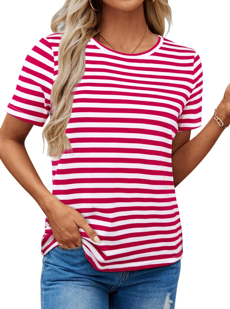 LilyCoco Women's Short Sleeve Striped Shirt Summer Crewneck T Shirts Basic Tops Red White Stripe Small - Image 3