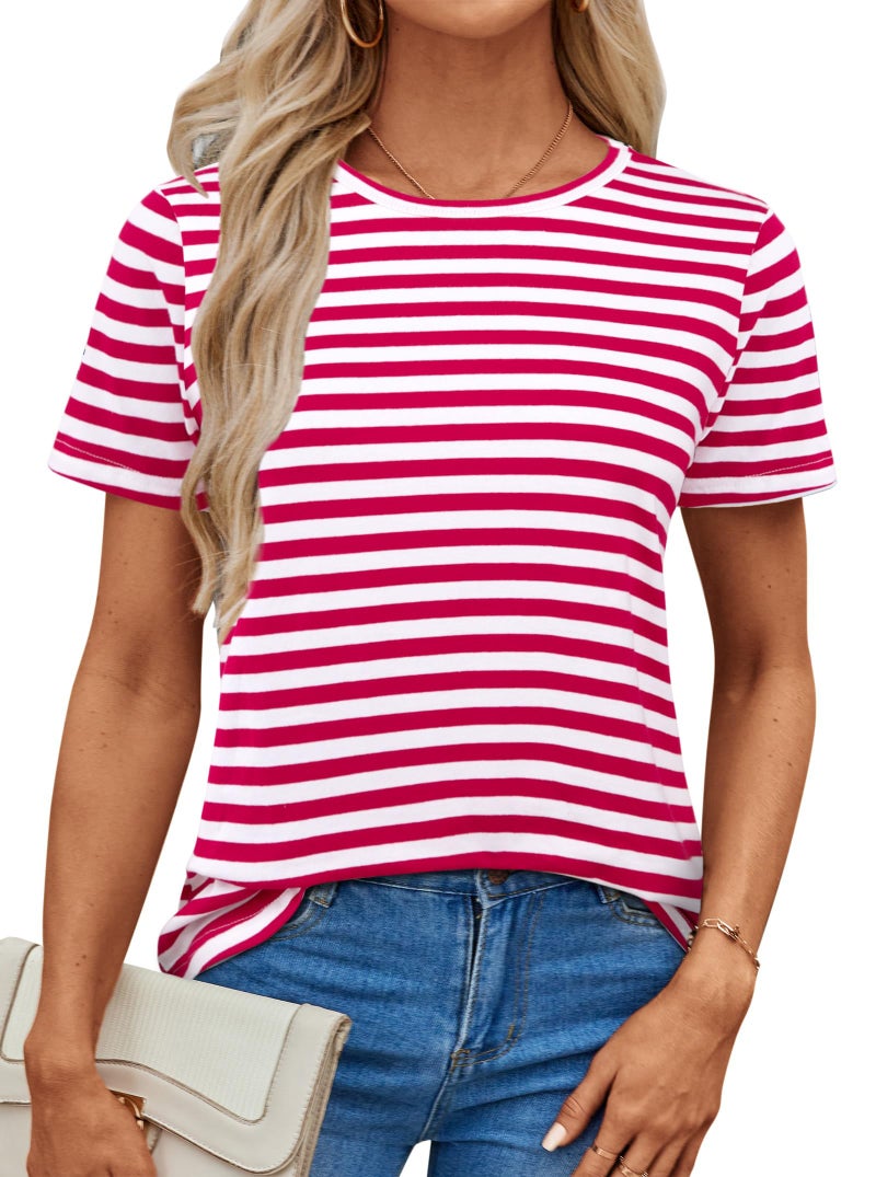 LilyCoco Women's Short Sleeve Striped Shirt Summer Crewneck T Shirts Basic Tops Red White Stripe Small - Image 4