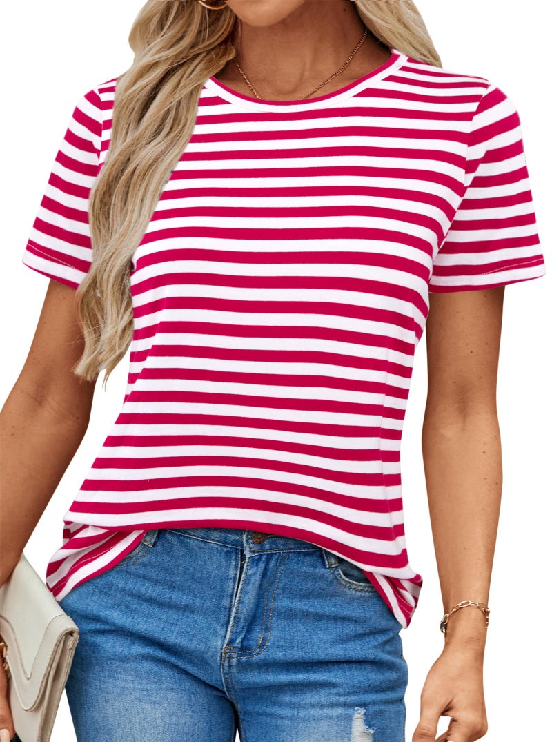 LilyCoco Women's Short Sleeve Striped Shirt Summer Crewneck T Shirts Basic Tops Red White Stripe Small - Image 5