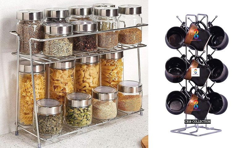 CR18 COLLECTION Spice Rack Stainless Steel 2 Layer Storage Rack Shelf Big Size Kitchens Stainless Steel V Shape 12 Cup Stand holder 12 Hooks for Cups Mugs both chrome finish ultra shiningCOMBO - Image 1