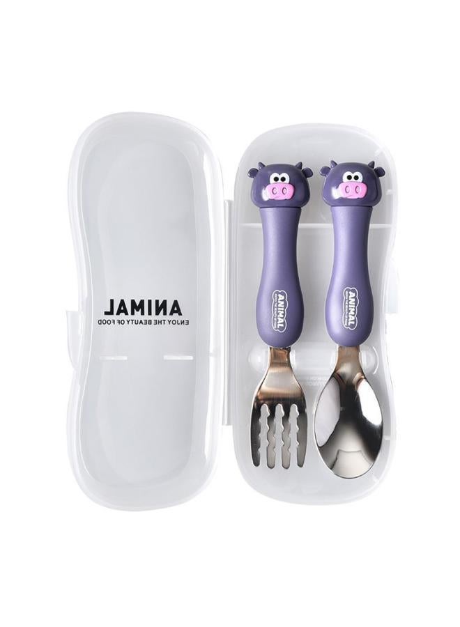 Cartoon Portable Cute Animal Fork Spoon Tableware Travel Two-piece Children Learn To Eat Complementary Food Stainless Steel Tableware Suit