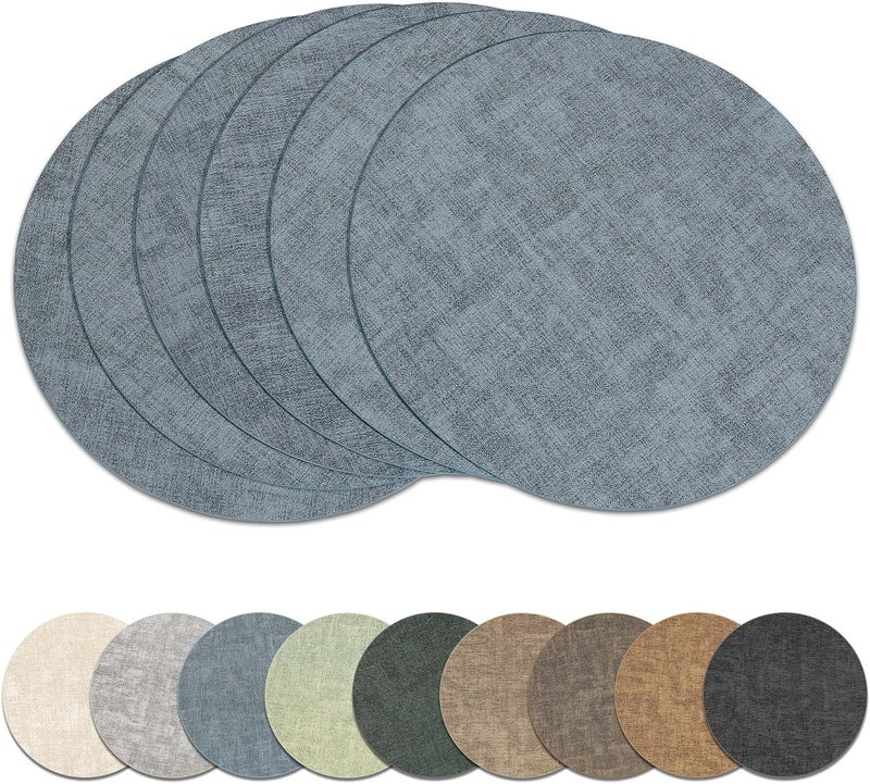 NCUE 13" Round Placemats Set of 6, Reversible Faux Leather Heat Resistant Table Mats, Waterproof Oilproof Wipeable Table Protective Placemats for Vinyl, Washable for Indoor & Outdoor Use (6, Light Blue) - Image 1
