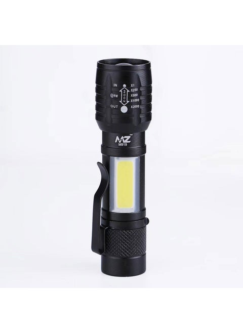 MZ M919 Zoomable Metal LED Torch Black with Emergency SOS Function and 25W Laser COB 500mAh Battery LED Torch Durable Heavy Duty and Portable Flashlight