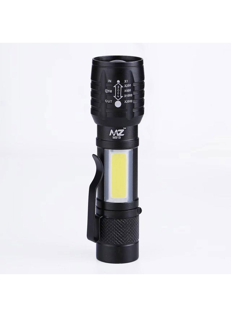Mz MZ M919 Zoomable Metal LED Torch Black with Emergency SOS Function and 25W Laser COB 500mAh Battery LED Torch Durable Heavy Duty and Portable Flashlight  - Image 1