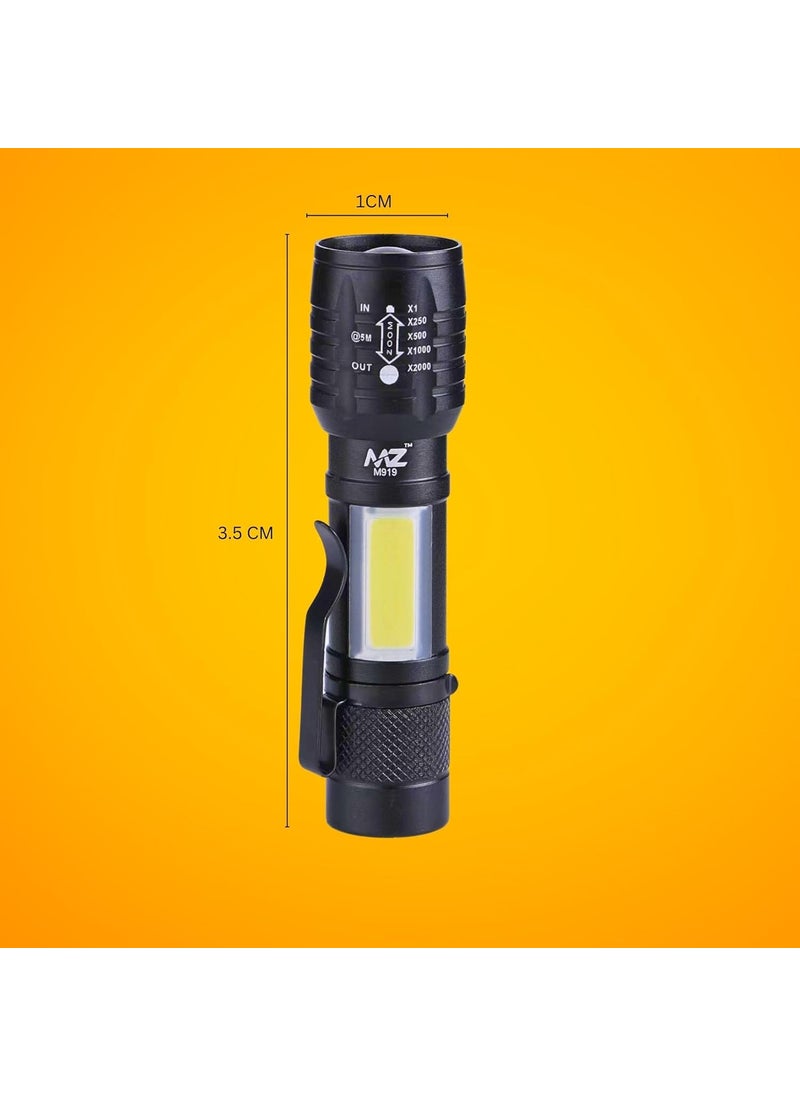 Mz MZ M919 Zoomable Metal LED Torch Black with Emergency SOS Function and 25W Laser COB 500mAh Battery LED Torch Durable Heavy Duty and Portable Flashlight  - Image 4