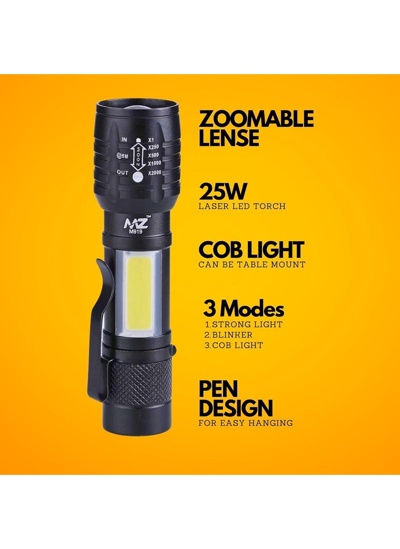 Mz MZ M919 Zoomable Metal LED Torch Black with Emergency SOS Function and 25W Laser COB 500mAh Battery LED Torch Durable Heavy Duty and Portable Flashlight  - Image 2