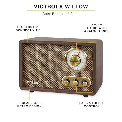 Victrola Willow – Retro Wood Bluetooth Radio with Built-in Speakers: Elegant & Vintage Design, Rotary AM/FM Tuning Dial, Bass & Treble Control, Wireless Streaming (Natural) - Image 2