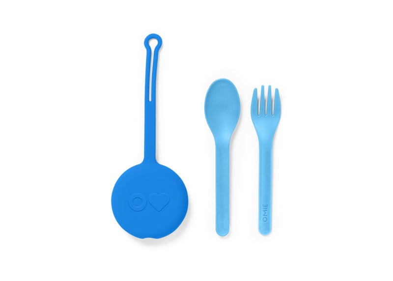 Omie OmieBox Kids Utensils Set with Case  2 Piece Plastic Reusable Fork and Spoon Silverware with Pod for Kids Blue