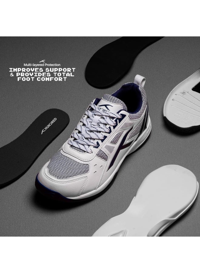 هندرد حذاء تنس الريشة "هاندرد راز" (بدون علامات) | خفيف الوزن ومتين | وسادة X، نعل داخلي متين، دعم لأصابع القدم (أبيض/كحلي، مقاس المملكة المتحدة 3) - Image 2